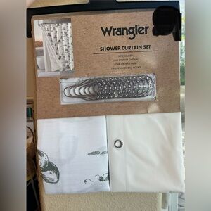 Wrangler White and Olive Green Shower Curtain Set Horse Cowboy Horseshoe Cactus